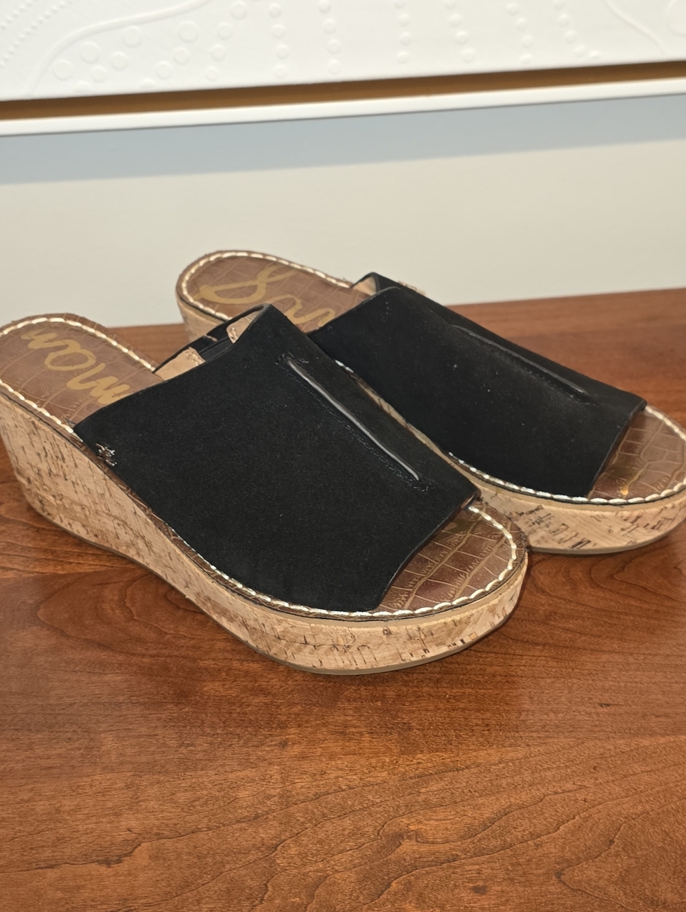 Sam Edelman Black Suede Cork Wedge Slide Sandals